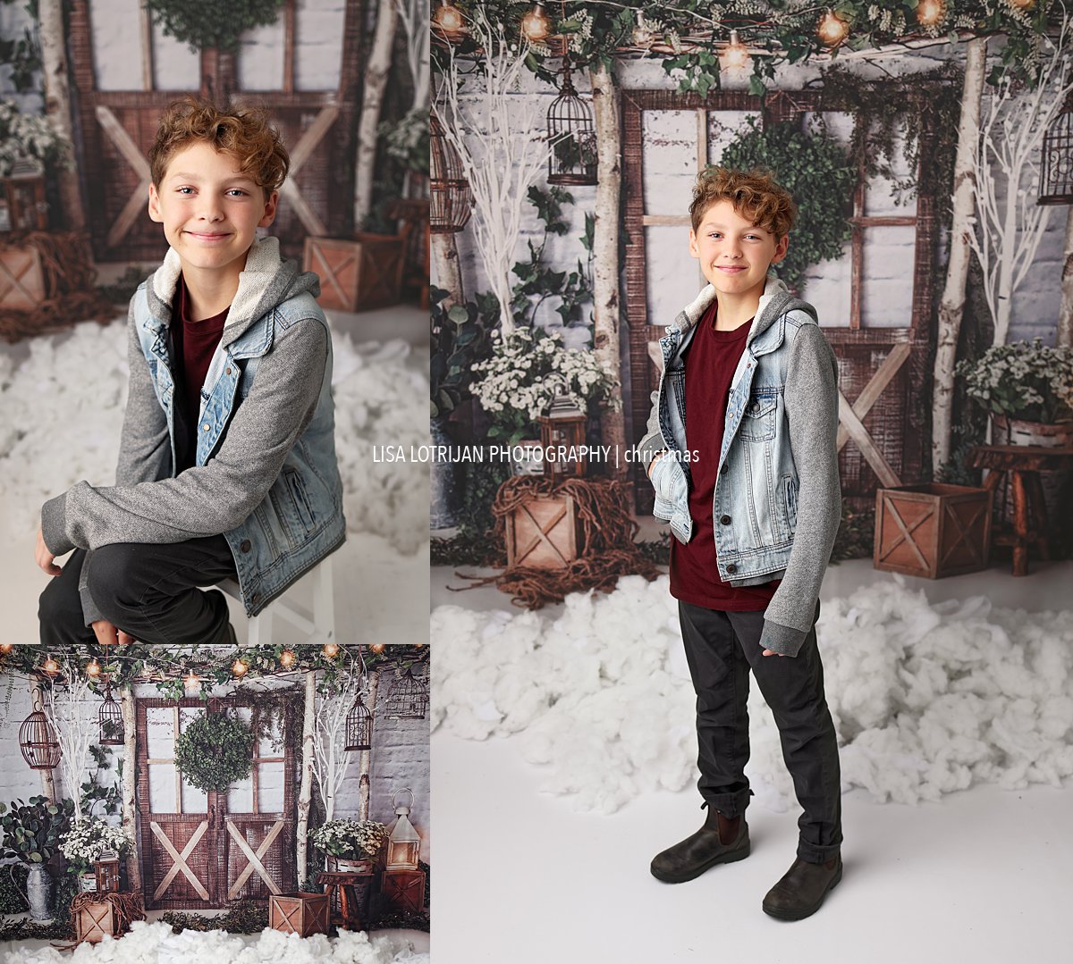 2023 Holiday Mini Session set example - outdoor light coloured rustic wood decor